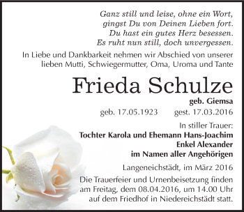 Traueranzeige von Frieda Schulze von Mitteldeutsche Zeitung Merseburg/Querfurt