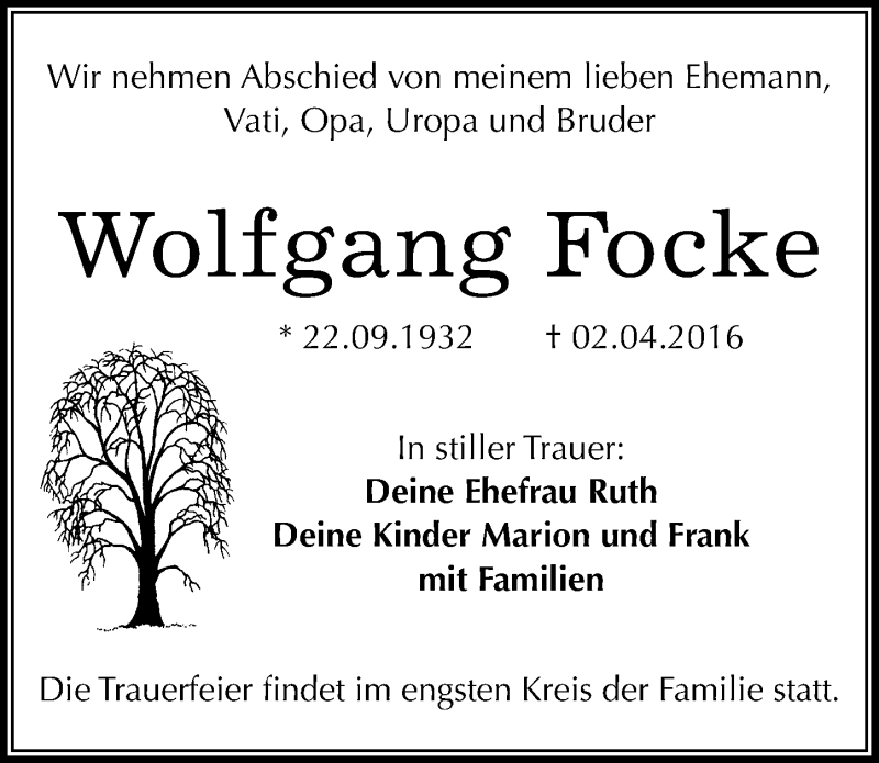 Traueranzeige für Wolfgang Focke vom 09.04.2016 aus Mitteldeutsche Zeitung Dessau-Roßlau