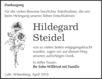 Traueranzeige von Hildegard Steidel von Super Sonntag Wittenberg