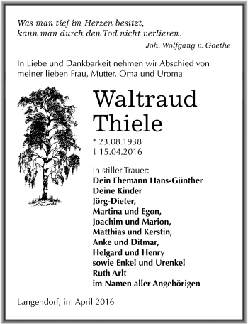 Traueranzeige von Waltraud Thiele von Mitteldeutsche Zeitung Weißenfels