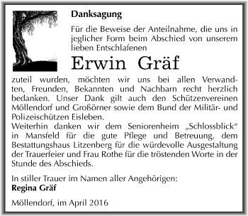 Traueranzeige von Erwin Gräf von Mitteldeutsche Zeitung Mansfelder Land