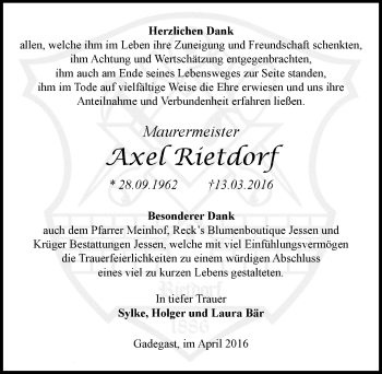 Traueranzeige von Axel Rietdorf von Mitteldeutsche Zeitung Wittenberg