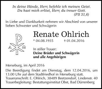 Traueranzeige von Renate Ohlrich von Mitteldeutsche Zeitung Merseburg/Querfurt