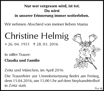 Traueranzeige von Christine Helmig von Mitteldeutsche Zeitung Zeitz
