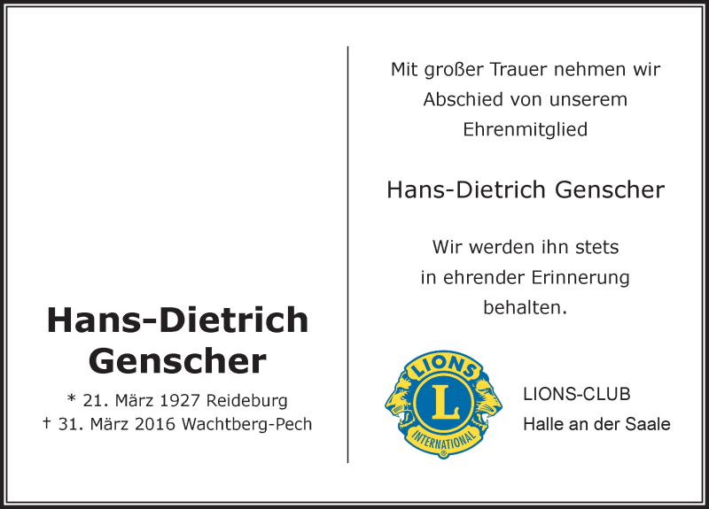  Traueranzeige für Hans-Dietrich Genscher vom 09.04.2016 aus Mitteldeutsche Zeitung Halle/Saalkreis