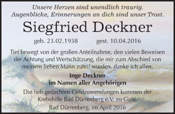 Traueranzeige von Siegfried Deckner von Mitteldeutsche Zeitung Merseburg/Querfurt