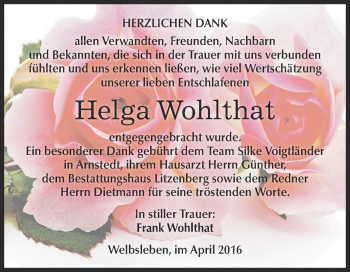 Traueranzeige von Helga Wohlthat von Wochenspiegel Mansfelder Land