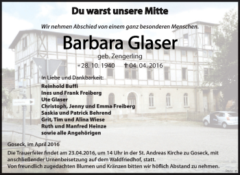 Traueranzeige von Barbara Glaser von WVG - Wochenspiegel NMB / WSF / ZTZ