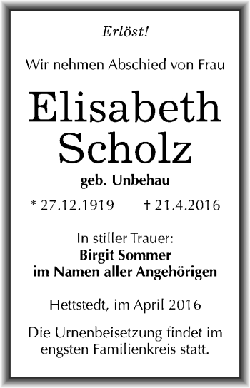 Traueranzeige von Elisabeth Scholz von Mitteldeutsche Zeitung Mansfelder Land