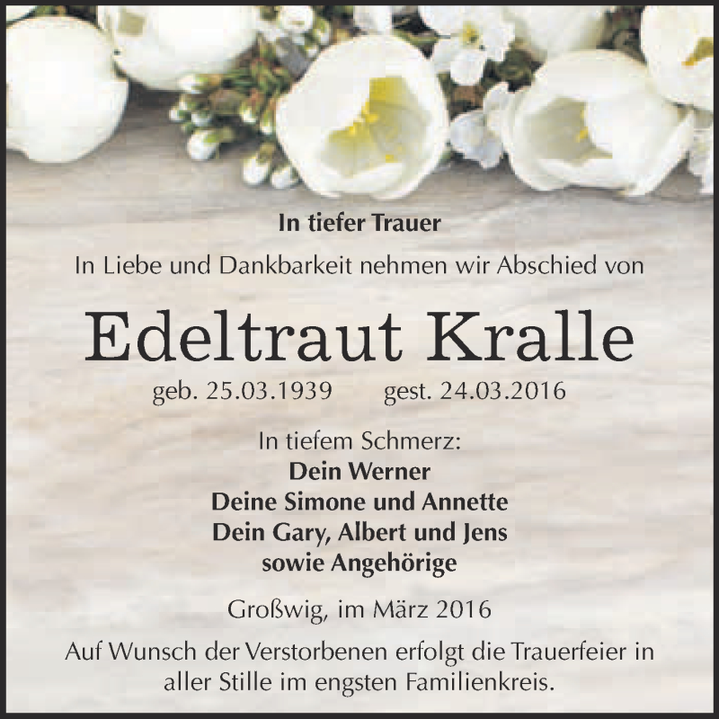  Traueranzeige für Edeltraut Kralle vom 02.04.2016 aus WVG - Wochenspiegel Wittenberg