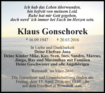 Traueranzeige von Klöaus Gonschorek von Super Sonntag Aschersleben