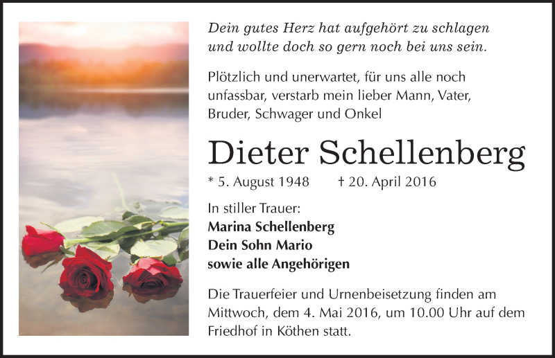  Traueranzeige für Dieter Schellenberg vom 26.04.2016 aus Mitteldeutsche Zeitung Köthen