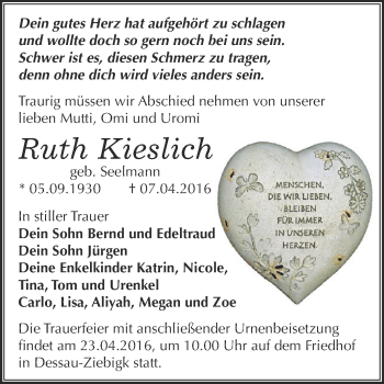 Traueranzeige von Ruth Kieslich von WVG - Wochenspiegel Dessau / Köthen