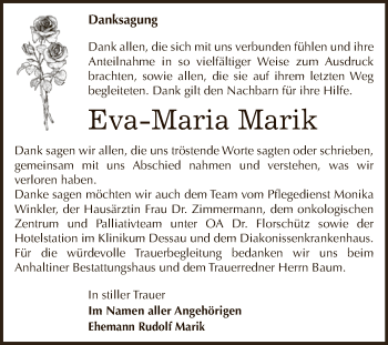 Traueranzeige von Eva-Maria Marik von WVG - Wochenspiegel Dessau / Köthen