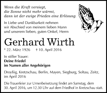 Traueranzeige von Gerhard Wirth von Mitteldeutsche Zeitung Zeitz
