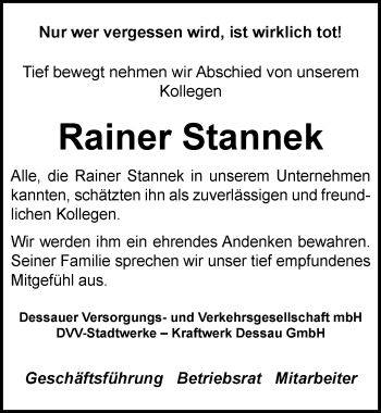 Traueranzeige von Rainer Stannek von Mitteldeutsche Zeitung Dessau-Roßlau