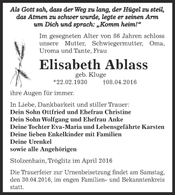 Traueranzeige von Elisabeth Ablass von Super Sonntag Zeitz