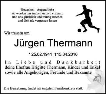 Traueranzeige von Jürgen Thermann von WVG - Wochenspiegel Dessau / Köthen