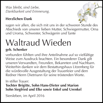 Traueranzeige von Waltraud Wieden von Super Sonntag SGH Mansf. Land