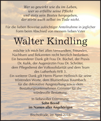 Traueranzeige von Walter Kindling von Mitteldeutsche Zeitung Mansfelder Land