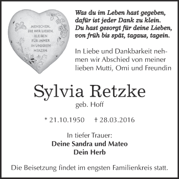 Traueranzeige von Sylvia Retzke von WVG - Wochenspiegel Dessau / Köthen