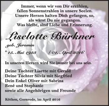 Traueranzeige von Liselotte Bürkner von Mitteldeutsche Zeitung Köthen