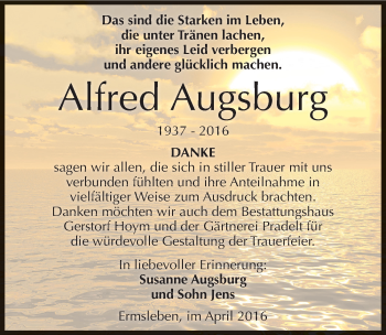 Traueranzeige von Alfred Augsburg von Mitteldeutsche Zeitung Quedlinburg