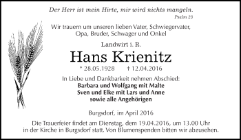 Traueranzeige von Hans Krienitz von Super Sonntag SGH Mansf. Land