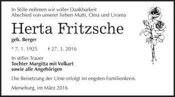 Traueranzeige von Herta Fritzsche von WVG - Wochenspiegel Merseburg