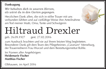 Traueranzeige von Hiltraud Drexler von Mitteldeutsche Zeitung Merseburg/Querfurt