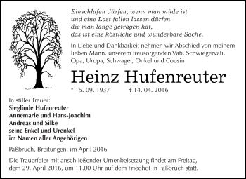 Traueranzeige von Heinz Hufenreuter von Super Sonntag SGH Mansf. Land