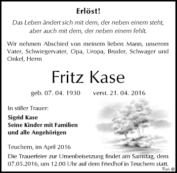 Traueranzeige von Fritz Kase von Mitteldeutsche Zeitung Weißenfels