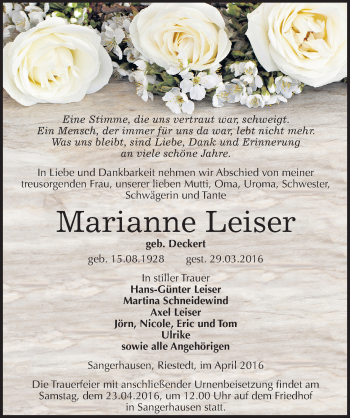 Traueranzeige von Marianne Leiser von Mitteldeutsche Zeitung Sangerhausen