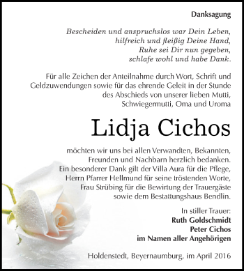 Traueranzeige von Lidja Cichos von Super Sonntag SGH Mansf. Land