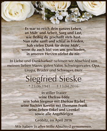 Traueranzeige von Siegfried Sieske von WVG - Wochenspiegel NMB / WSF / ZTZ