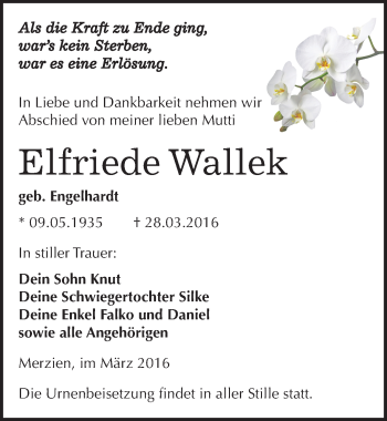 Traueranzeige von Elfriede Wallek von Mitteldeutsche Zeitung Köthen