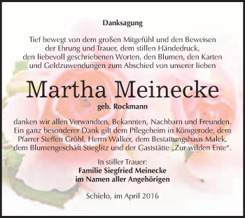 Traueranzeige von Martha Meinecke von WVG - Wochenspiegel Quedlinburg