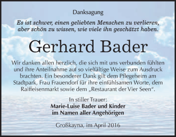 Traueranzeige von Gerhard Bader von WVG - Wochenspiegel Merseburg