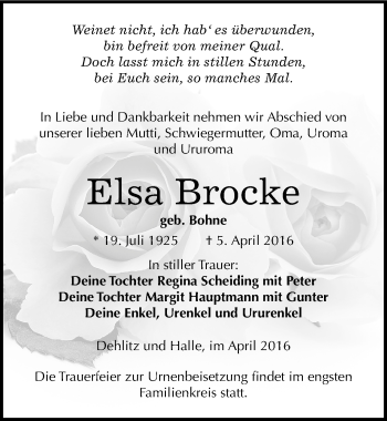 Traueranzeige von Elsa Brocke von Mitteldeutsche Zeitung Weißenfels