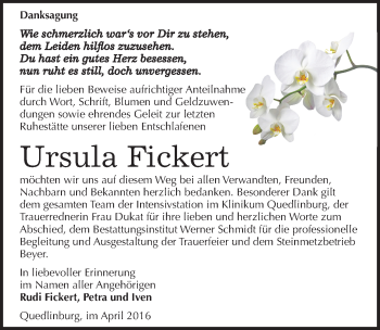 Traueranzeige von Ursula Fickert von Mitteldeutsche Zeitung Quedlinburg
