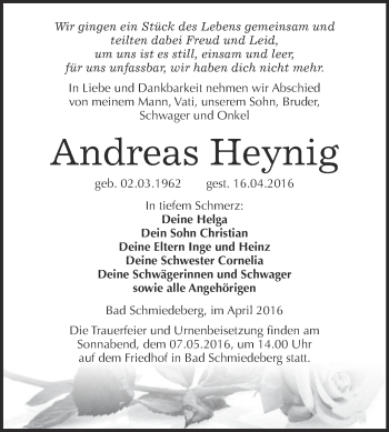 Traueranzeige von Andreas Heynig von WVG - Wochenspiegel Wittenberg