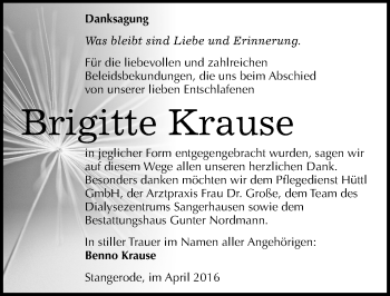 Traueranzeige von Brigitte Krause von Mitteldeutsche Zeitung Mansfelder Land