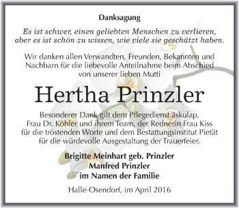 Traueranzeige von Hertha Prinzler von Mitteldeutsche Zeitung Halle/Saalkreis