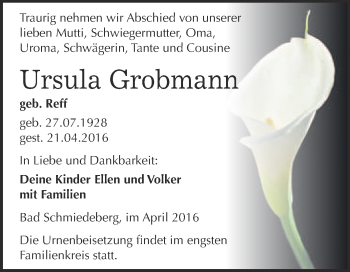 Traueranzeige von Ursula Grobmann von WVG - Wochenspiegel Wittenberg