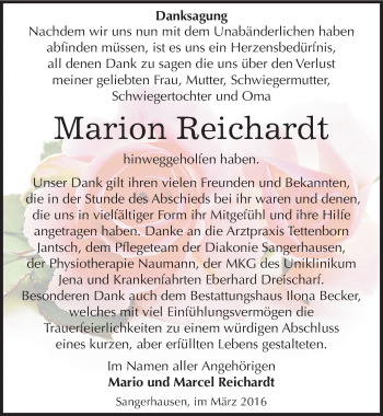 Traueranzeige von Marion Reichardt von Mitteldeutsche Zeitung Sangerhausen