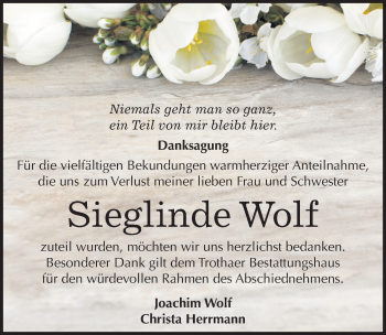 Traueranzeige von Sieglinde Wolf von Mitteldeutsche Zeitung Halle/Saalkreis