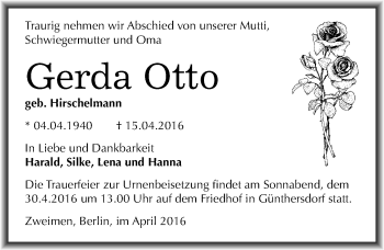 Traueranzeige von Gerda Otto von Mitteldeutsche Zeitung Merseburg/Querfurt