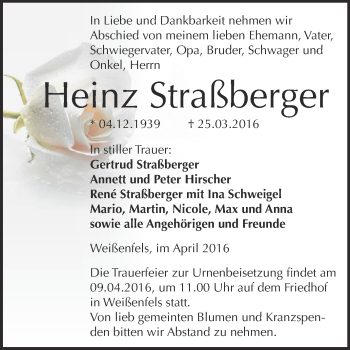 Traueranzeige von Heinz Straßberger von WVG - Wochenspiegel NMB / WSF / ZTZ