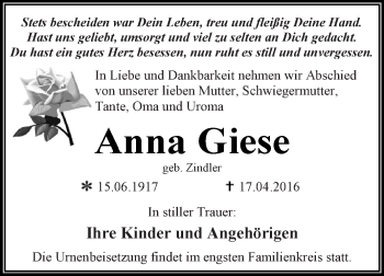 Traueranzeige von Anna Giese von WVG - Wochenspiegel Dessau / Köthen