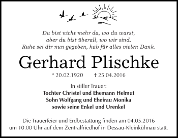 Traueranzeige von Gerhard Plischke von WVG - Wochenspiegel Dessau / Köthen